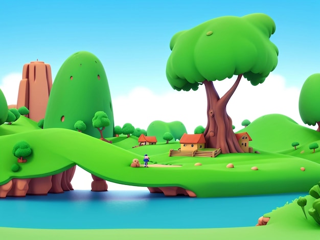 3D Animation Style Free vector village scene with landscape natural background