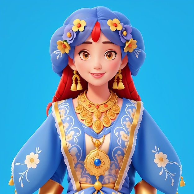 3D Animation Style Illustration of beautiful woman in traditional clothes on Blue background