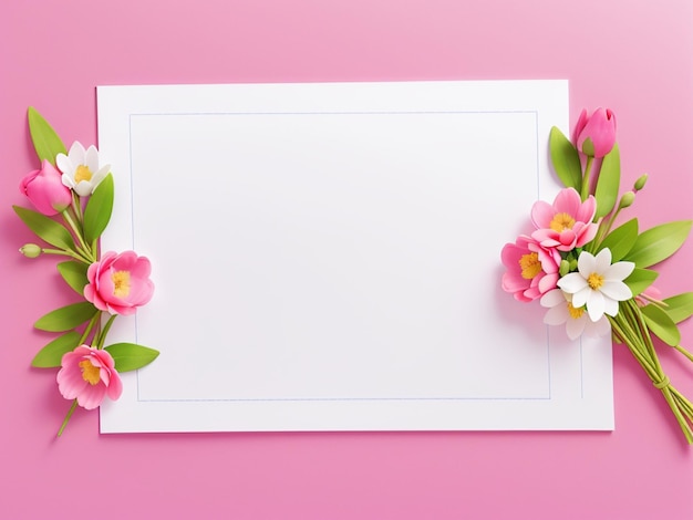 3D Animation Style top view pink frame and flowers