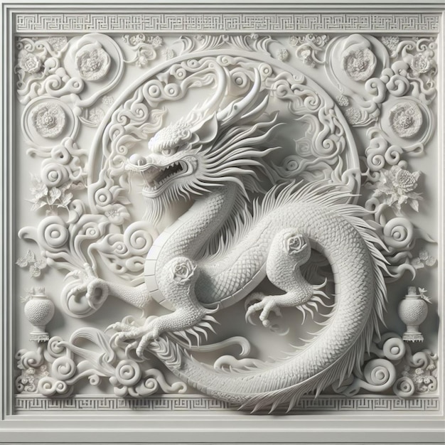 3D animation of a white dragon on wall