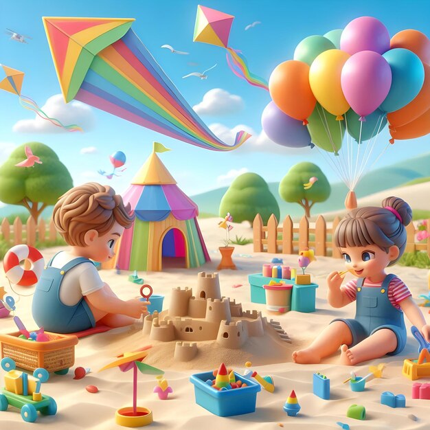 Photo 3d animation of a young child with balloons kites and toys