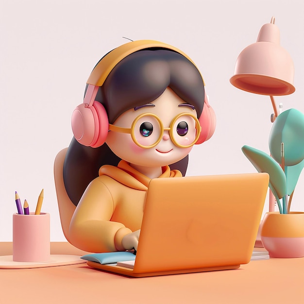 3D Animation Young Girl Studying Online