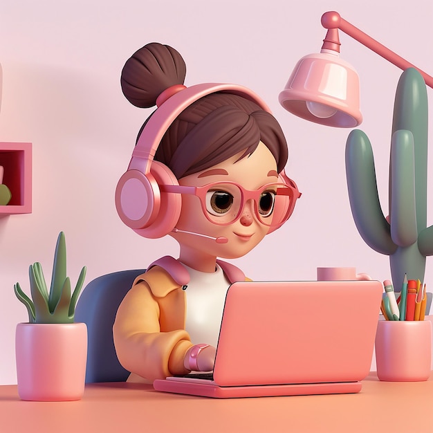 3D Animation Young Girl Studying Online