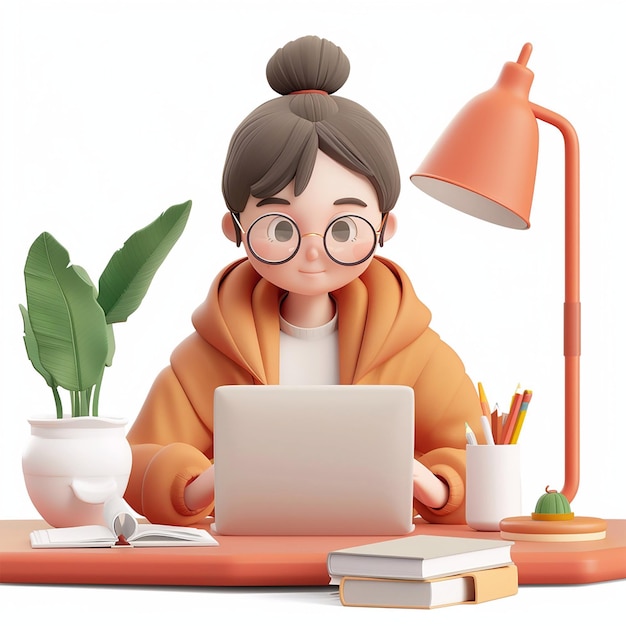 3D Animation Young Girl Studying Online