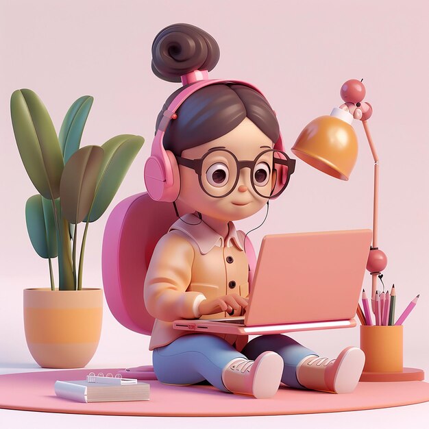 3D Animation Young Girl Studying Online