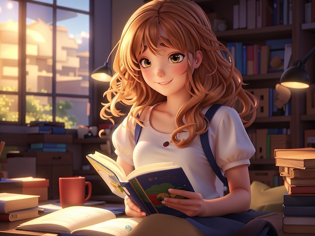 a 3d anime girl reading a book in a library with books in the background