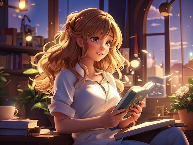 a 3d anime girl reading a book in a library with books in the background