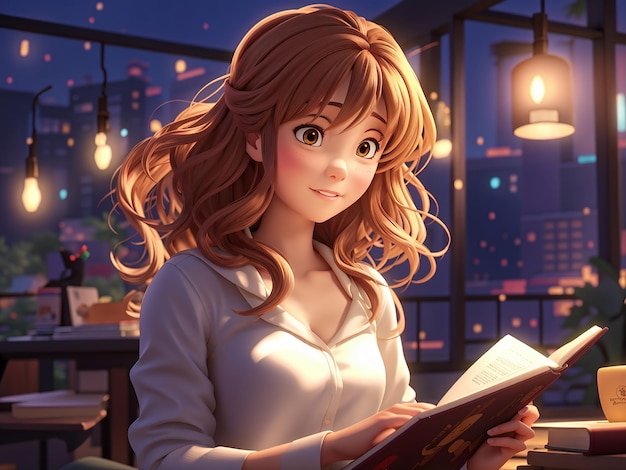 a 3d anime girl reading a book in a library with books in the background