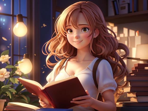 a 3d anime girl reading a book in a library with books in the background