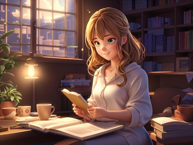 a 3d anime girl reading a book in a library with books in the background