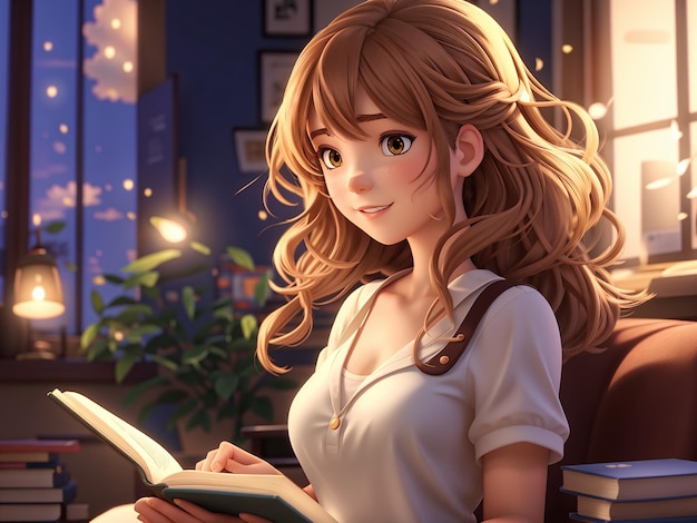 a 3d anime girl reading a book in a library with books in the background