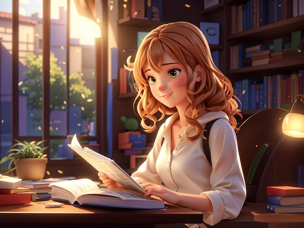 a 3d anime girl reading a book in a library with books in the background