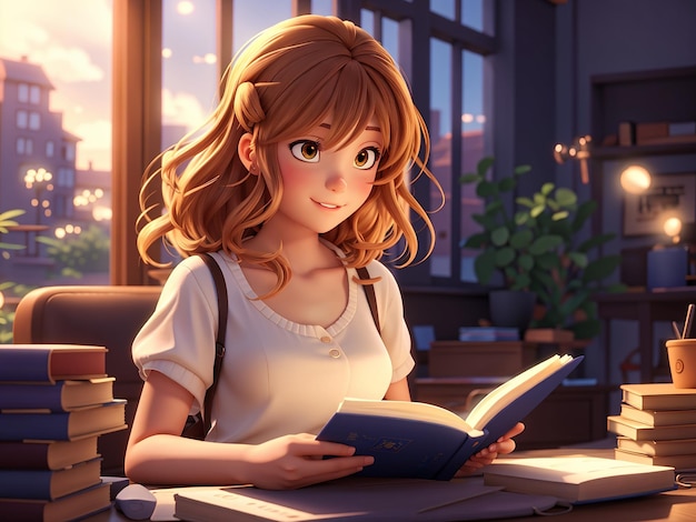 a 3d anime girl reading a book in a library with books in the background