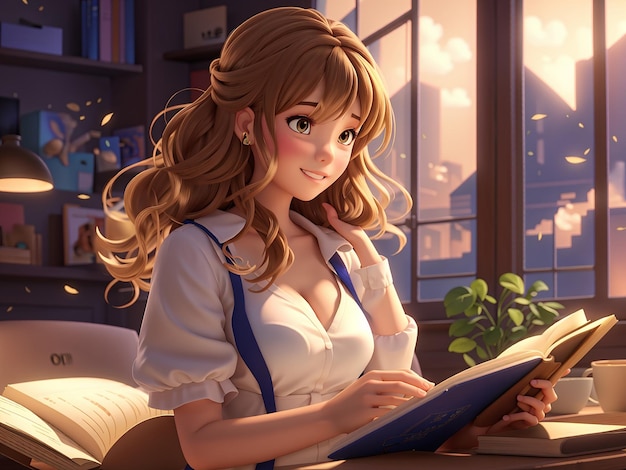 a 3d anime girl reading a book in a library with books in the background