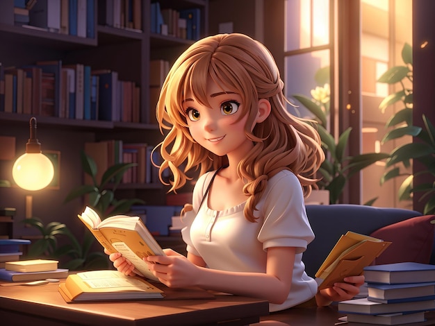 a 3d anime girl reading a book in a library with books in the background