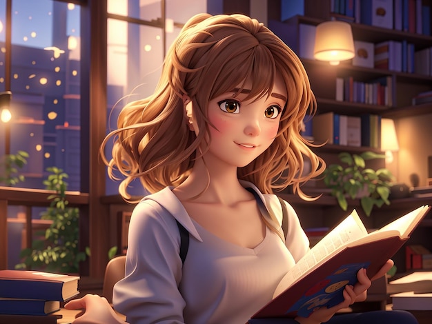 a 3d anime girl reading a book in a library with books in the background