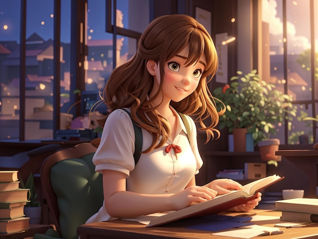 a 3d anime girl reading a book in a library with books in the background