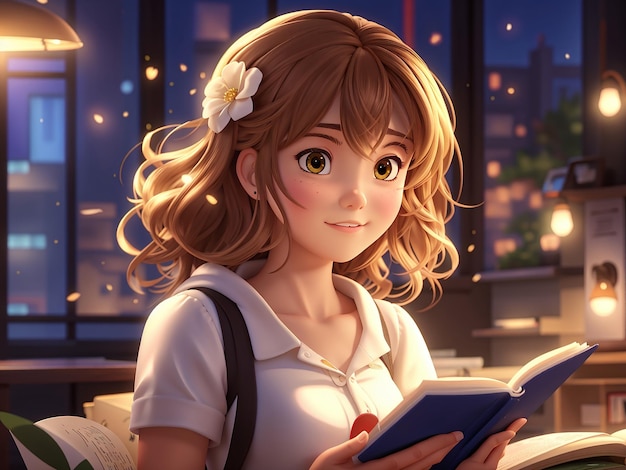 a 3d anime girl reading a book in a library with books in the background