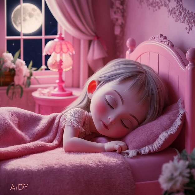 A 3D animestyle illustration of a charming little girl soundly asleep on her cozy pink bed