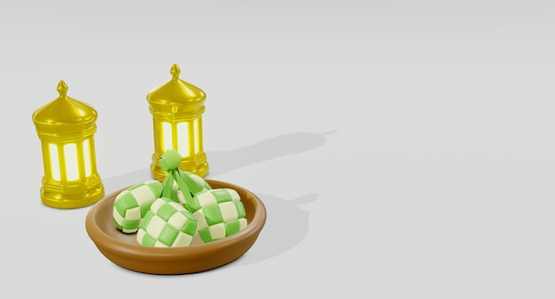 3D Arabic Lantern and Ketupat on Bowl and Left Position with White Background