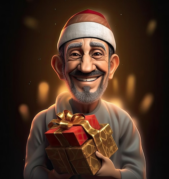 3D arabic man holding a gift box in arab cloths AI Generated