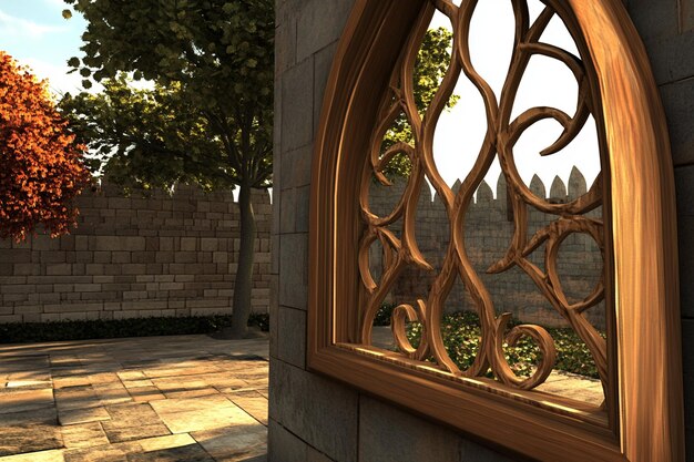 3D Arabic window overlooking a quiet stone courtyard