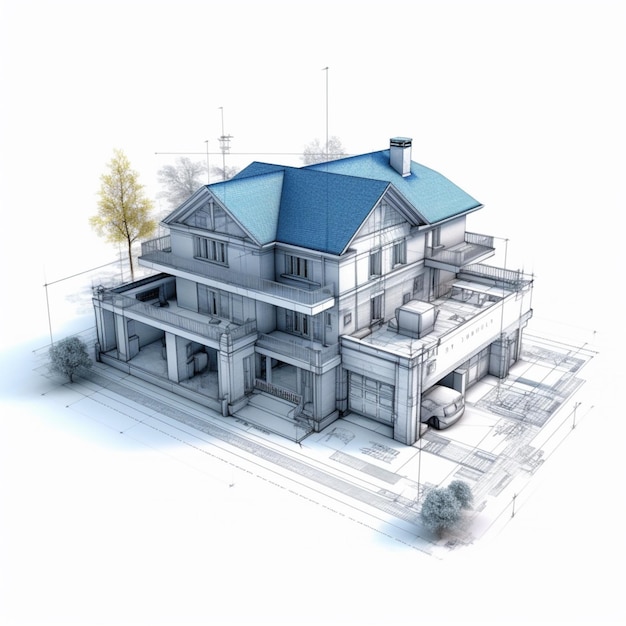 3d architecture blueprint sketch house model illustration white background AI Generated art