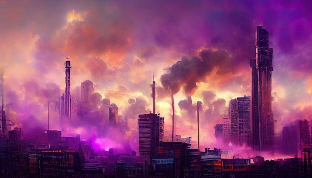 3D art Dystopic cyberpunk city with smoke and purple sky