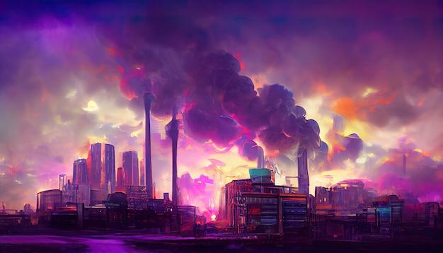 3D art Dystopic cyberpunk city with smoke and purple sky