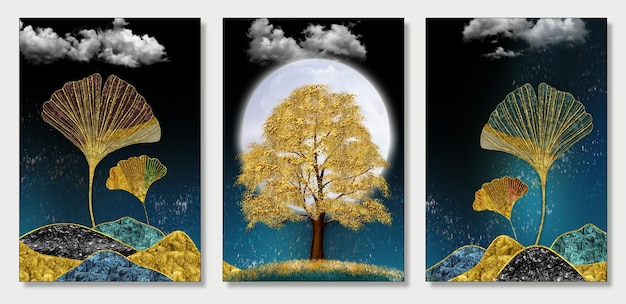 3d art mural wallpaper with dark blue background golden Christmas tree leaves mountains moon