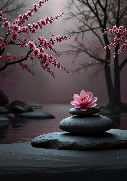 3D art zen stones with pink flowers