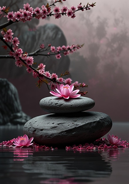 3D art zen stones with pink flowers