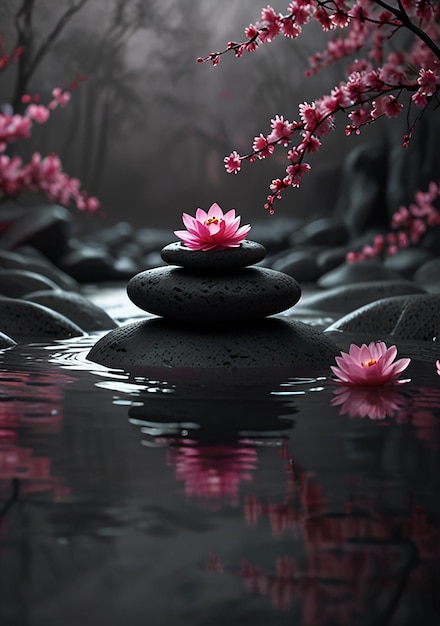 3D art zen stones with pink flowers