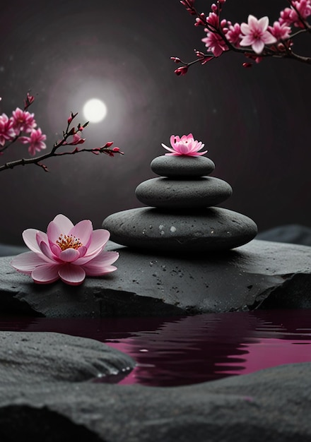 3D art zen stones with pink flowers