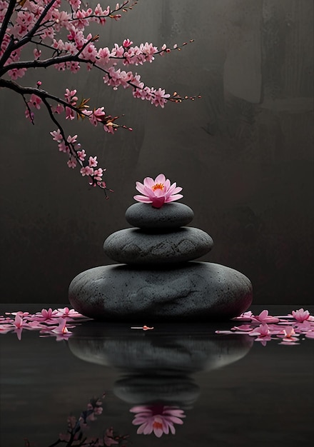 3D art zen stones with pink flowers