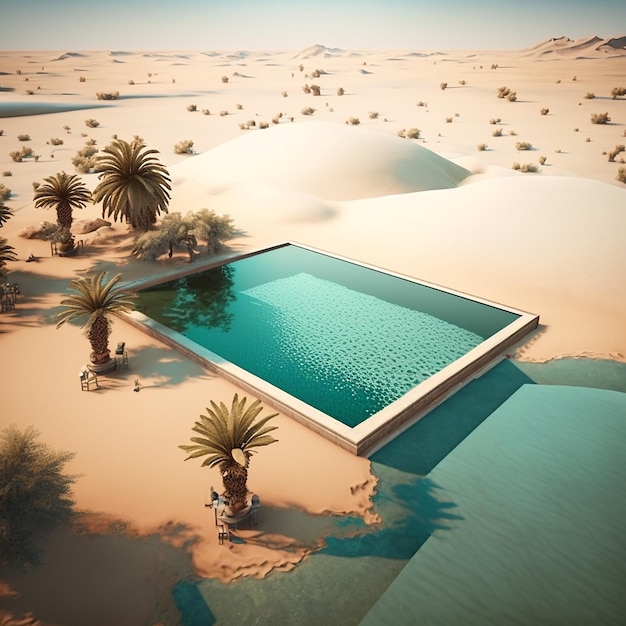 3D Artificial Pool architecture model in the desert with palm trees and sand