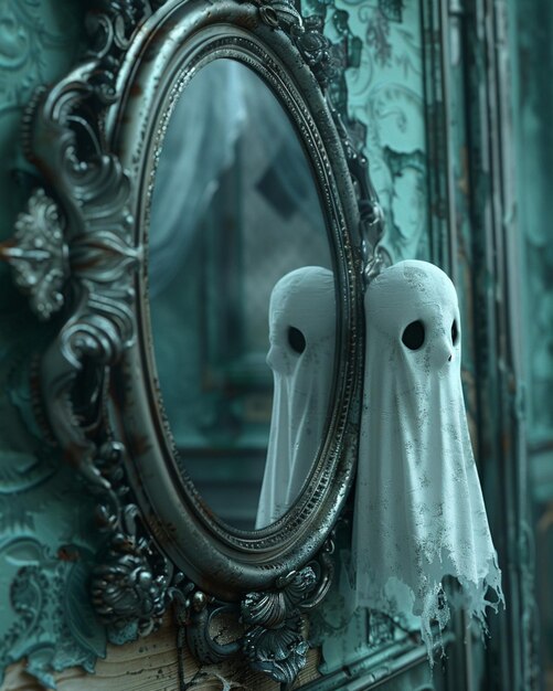 a 3D artistic render of a playful ghost emerging from an antique mirror