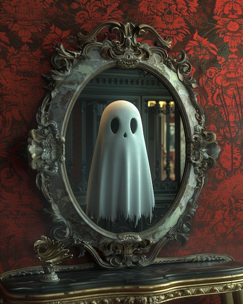 a 3D artistic render of a playful ghost emerging from an antique mirror