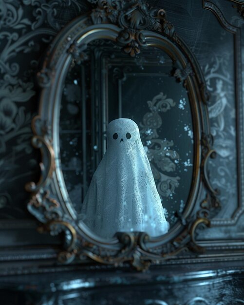 a 3D artistic render of a playful ghost emerging from an antique mirror