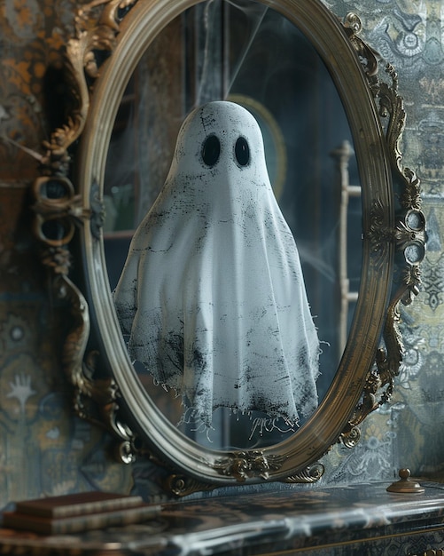 a 3D artistic render of a playful ghost emerging from an antique mirror