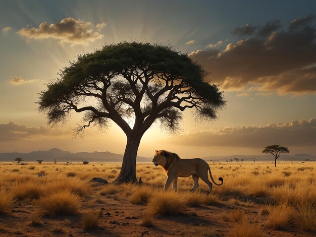 Photo 3d artwork of a sparse savannah landscape with a single acacia tree and a lion