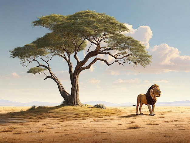 3D artwork of a sparse savannah landscape with a single acacia tree and a lion