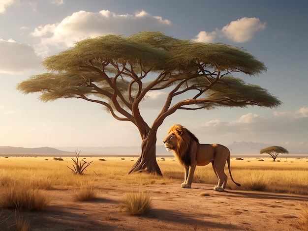 3D artwork of a sparse savannah landscape with a single acacia tree and a lion