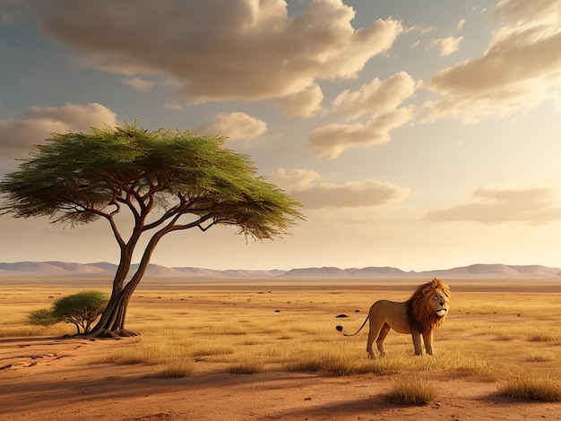 3D artwork of a sparse savannah landscape with a single acacia tree and a lion