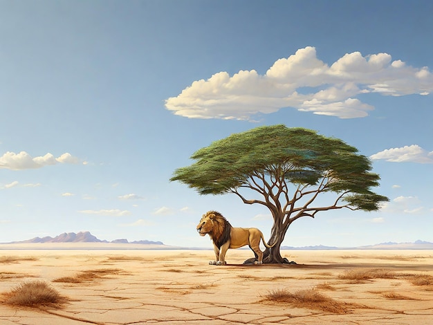 3D artwork of a sparse savannah landscape with a single acacia tree and a lion