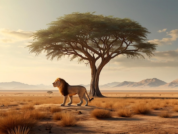 3D artwork of a sparse savannah landscape with a single acacia tree and a lion