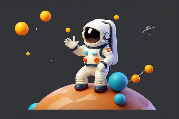 3d Astronaut sitting on planet and waving hand cartoon