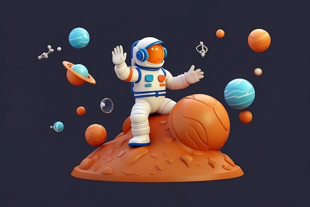 3d Astronaut sitting on planet and waving hand cartoon