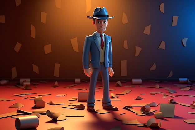 an 3d avatar dressed as a detective investigating AI generated