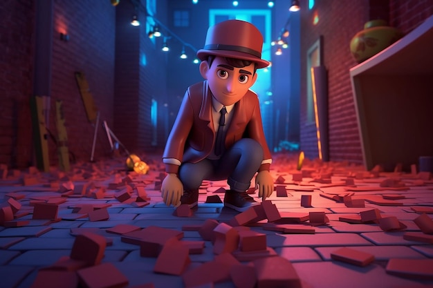 an 3d avatar dressed as a detective investigating AI generated